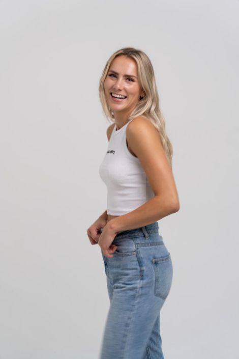 Fashion Photographer North Shore Blond Woman wearing a white top and a jeans