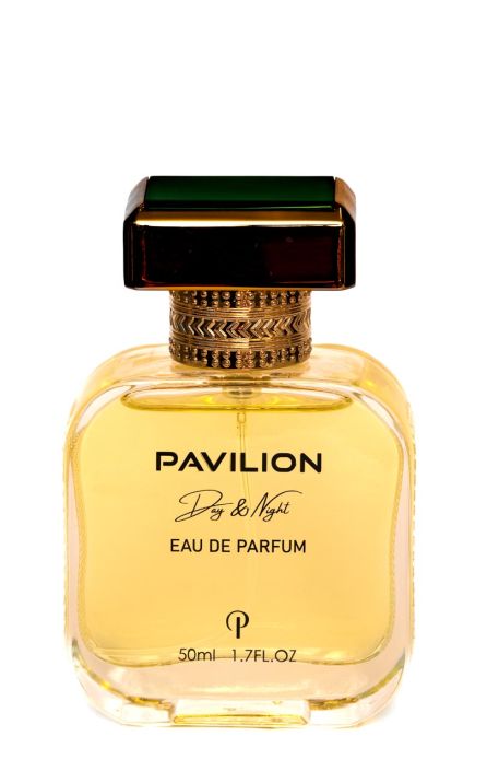 Pavilion perfume bottle with a green cap